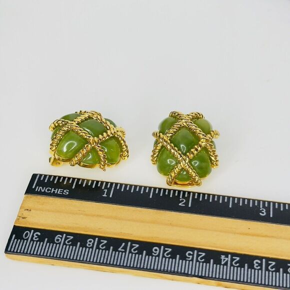 Vintage KJL Kenneth J Lane Earrings Gold Rope Quilted Green Lucite Clip On 1133 - Picture 14 of 15